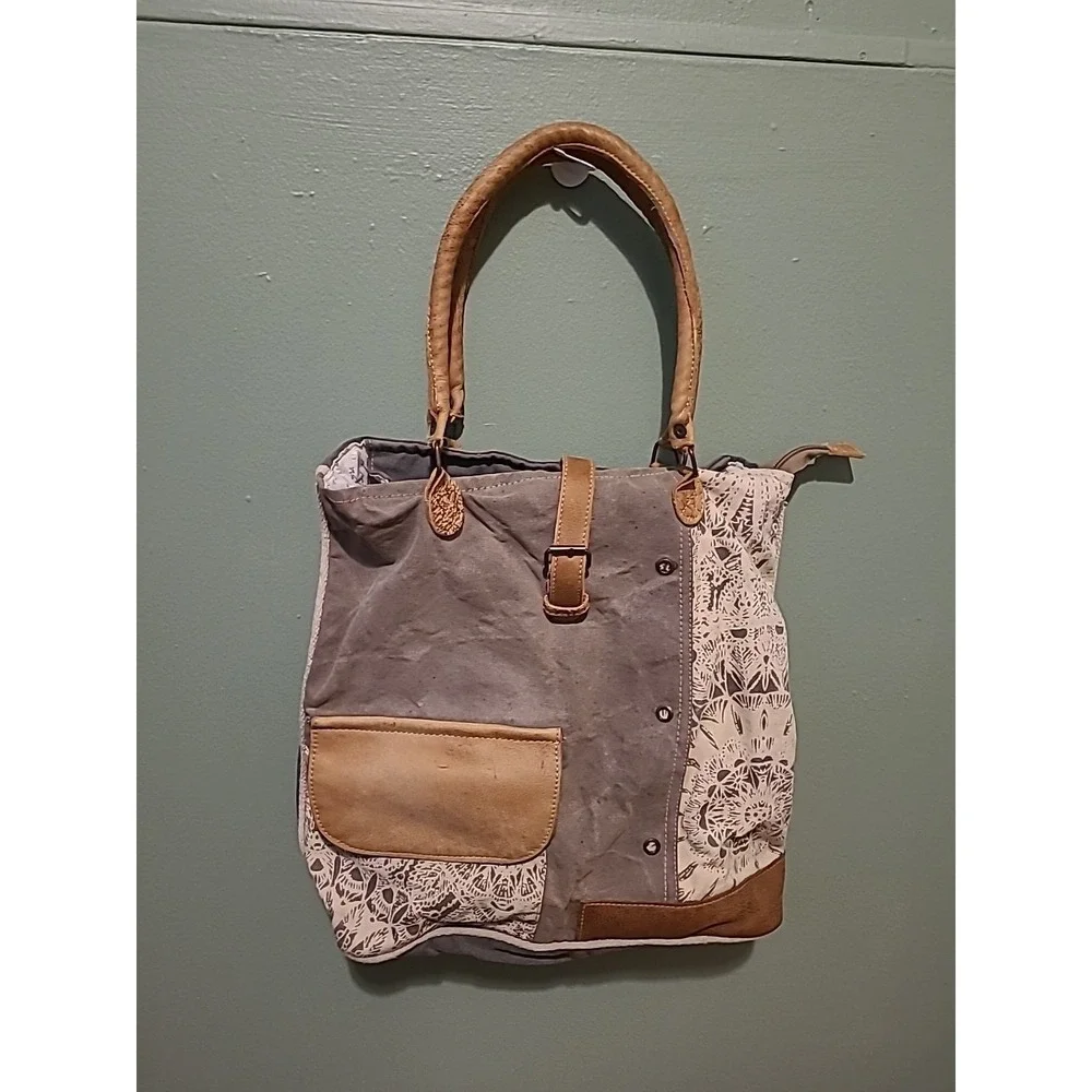 Myra Flower Design‎ Canvas Leather Tote Bag Large